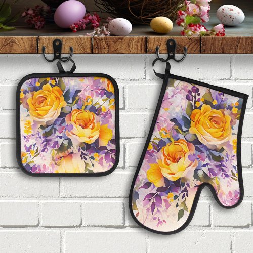 Happy spring colorful watercolor painted flowers oven mitt and pot holder set