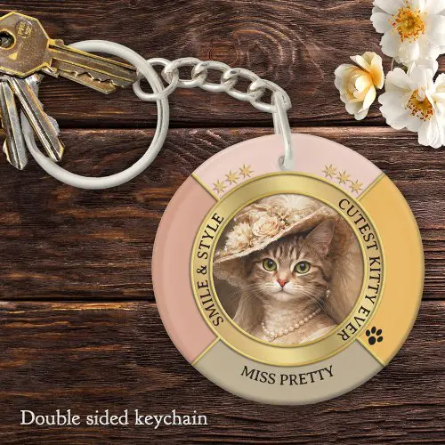 Pink gorgeous chic cat photo keychain