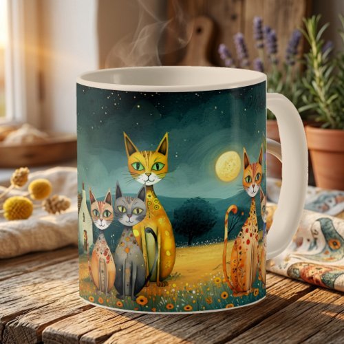 Whimsical midnight garden folk art cat coffee mug