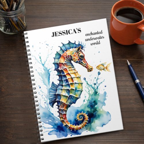 Coastal colorful watercolor seahorse notebook