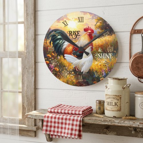 Colorful rise and shine country farmhouse rooster wall clock