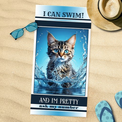 Funny swimming cat navy striped beach towel