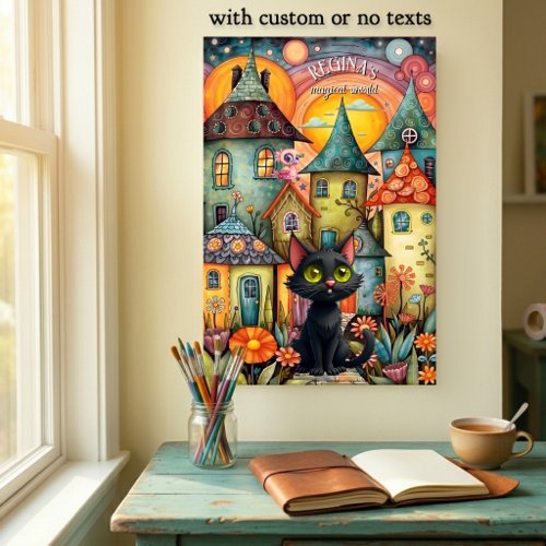 Whimsical black cat magical fantasy village fine art wall print