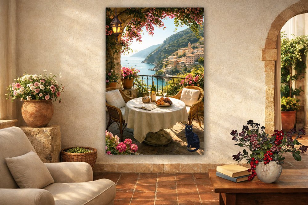 Italian coast happy balcony with black cat fine art