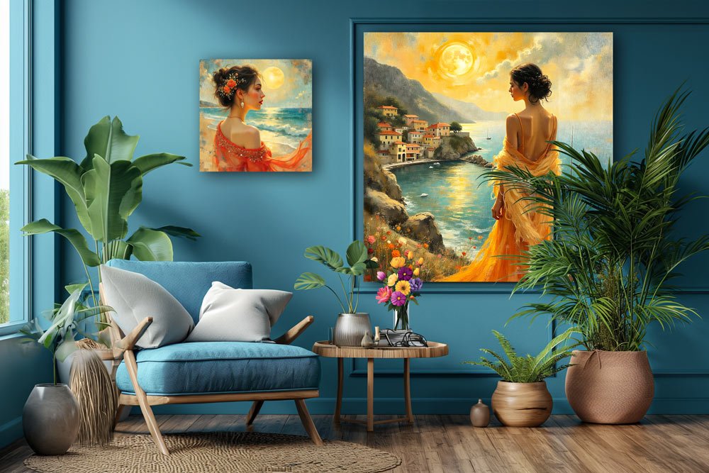 Italian art in bohemian living room