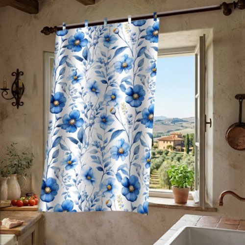 Blue floral artistic Mediterranean pattern curtains