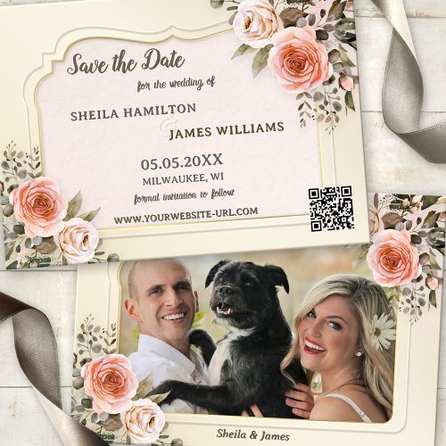 Boho chic watercolor photo roses Save the Date card