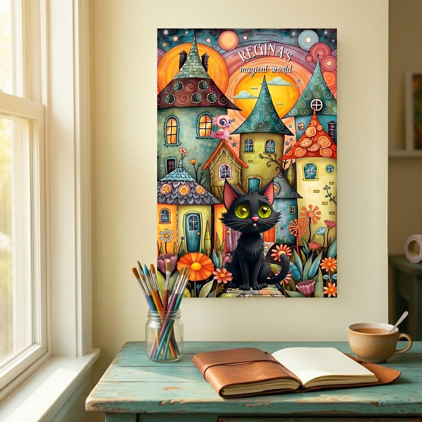 Whimsical colorful folk art painting with black cat