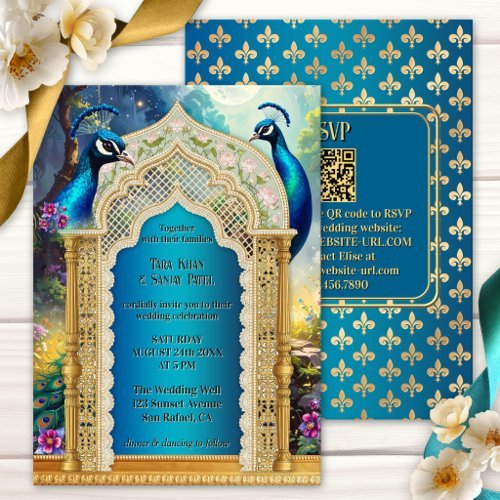 Indian peacock gold arch wedding invitation