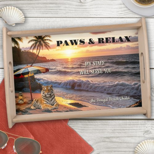 Paws and relax Bengal tiger sunset beach serving tray