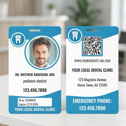 Professional teal blue white dental clinic photo ID badge