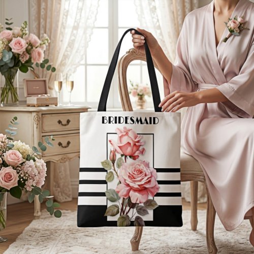 Retro chic black and white pink roses wedding tote bag