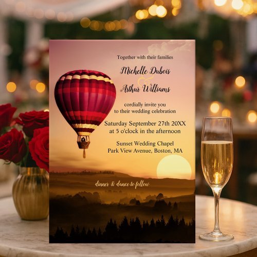 Romantic hot air balloon sunset wedding invitation