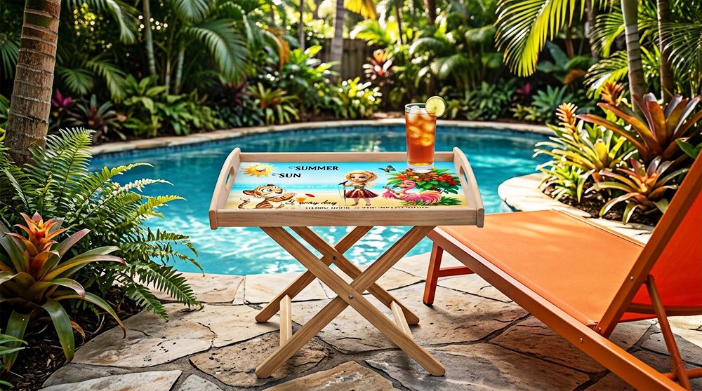 Tropcial summer beach serving tray as table