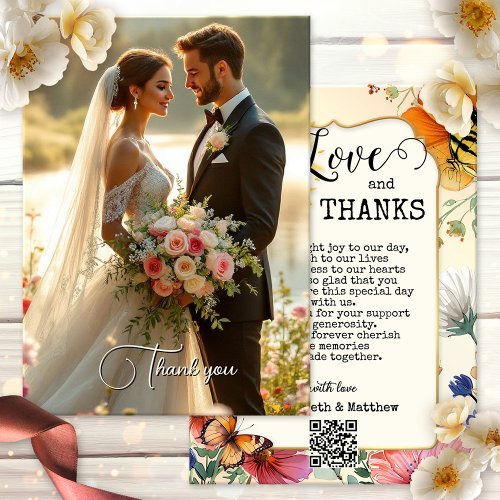 Watercolor wildflower wedding photo Thank You card
