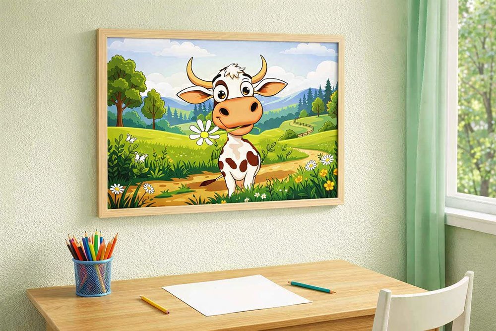 Fun child's room illustration featuring a country side landscape with cow