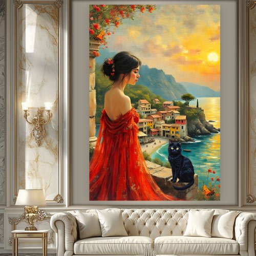 Sunset at the Italian coast with lady in red and black cat fine art