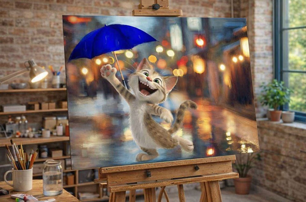 Singing in the rain - funny cat painting
