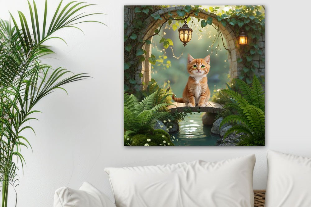 Cute ginger cat in enchanted garden scene painting