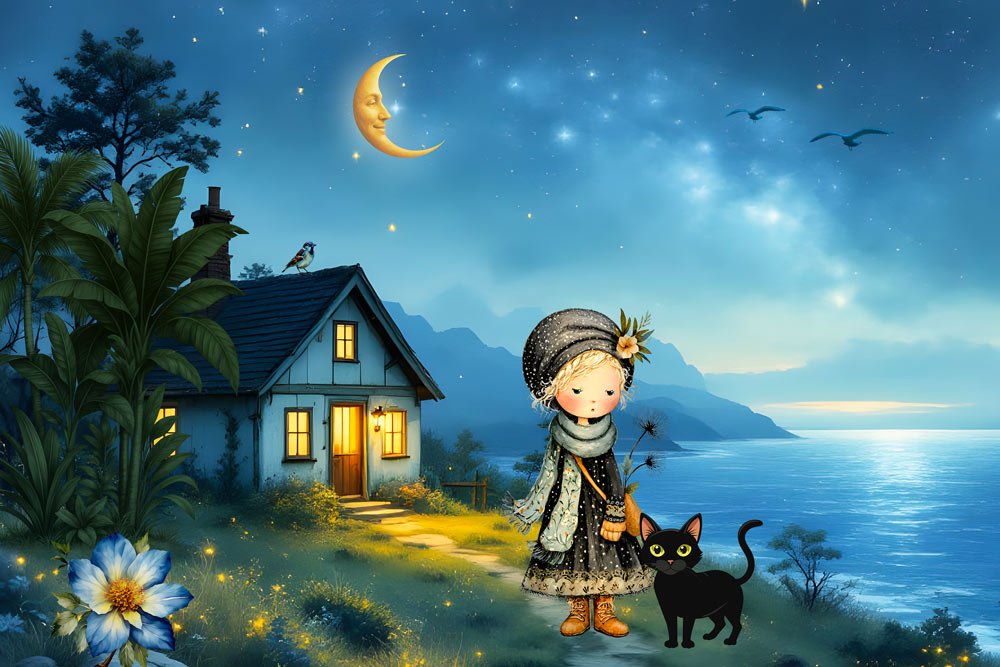Primitive art painting of moonlit coastal scene with girl and cat