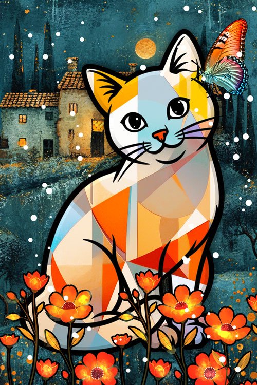 Colorful primitive art inspired cat painting 1