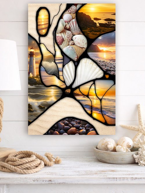 Neurographic art in a playful scrapbook beach style with coastal images