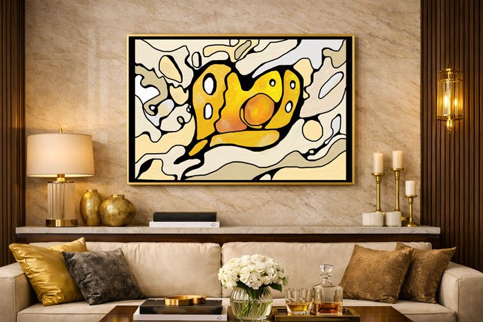 Abstract neurographic art heart in warm gold yellow