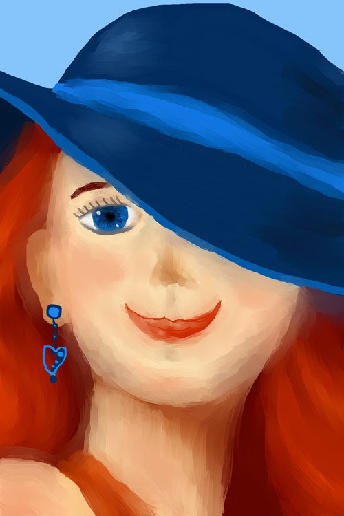 Primitive art portrait of a lady with blue hat