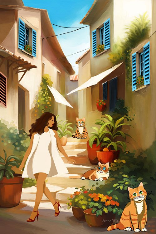 Lady in Italian style cat paradise - fine art painting by Anne Vis