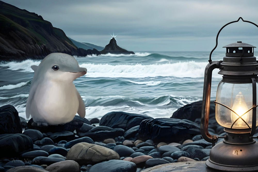 Beach with fantasy dolphin and lantern