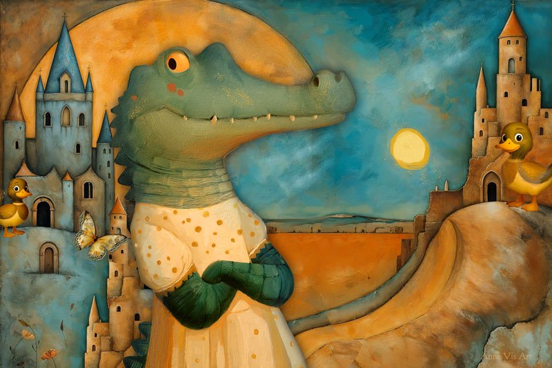 Whimsical collage art featuring a medieval scene with crocodile