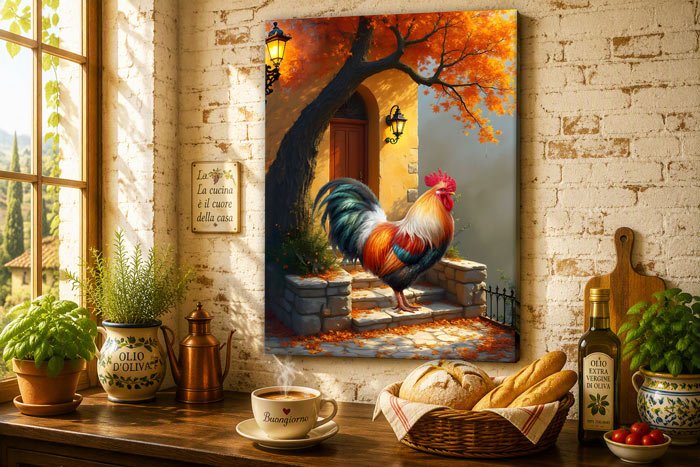 Rooster in Italy colorful fall art by Anne Vis