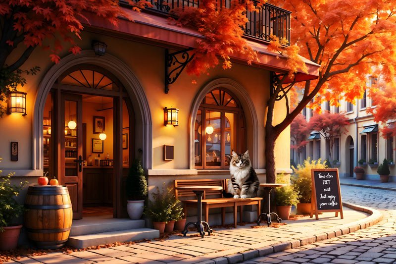 Cat at the cozy corner cafe in autumn