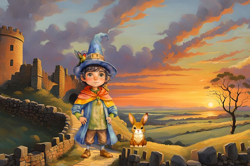 Magician boy with allies on sundrenched landscape with castle