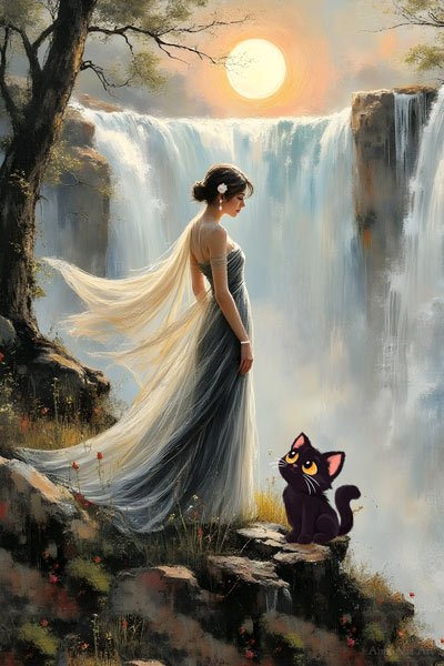Kitten and chic lady at a waterfall - art by Anne Vis