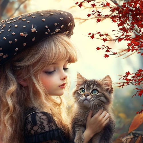 Dreamy fall scene with girl with kitten