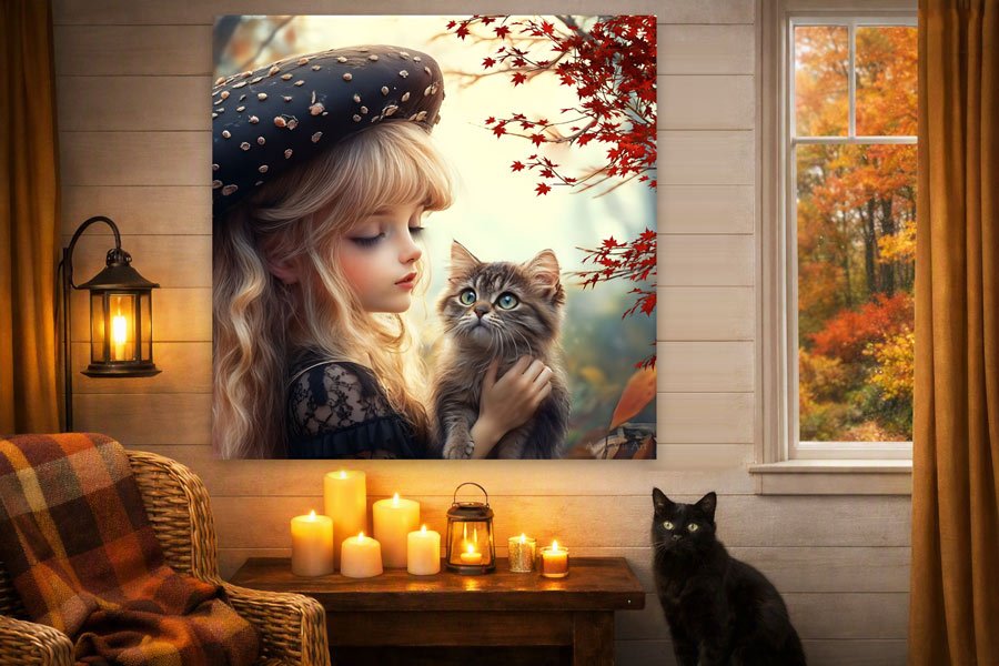 Dreamy fall scene with girl with kitten - painting shown in living room
