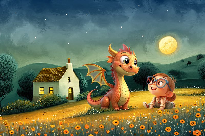Girl and dragon in a flower field under a full moon - art by Anne Vis