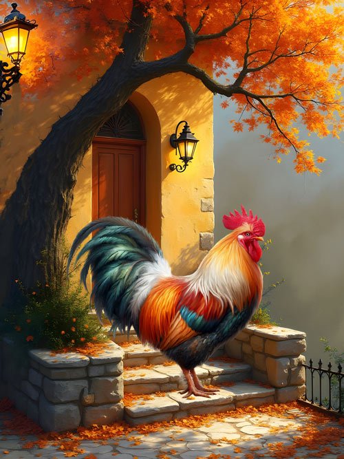 Rooster in Italy colorful fall art by Anne Vis