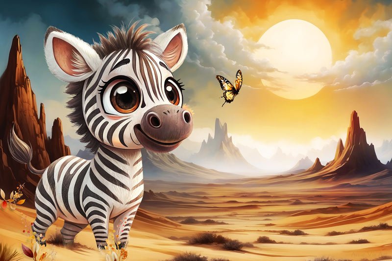 Zebra with butterfly in the desert