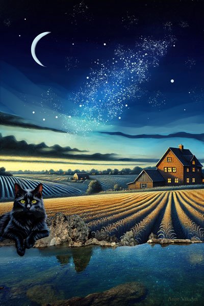 Black cat in a mystical country night scene with farm and pond
