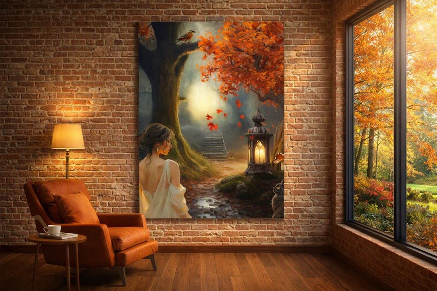 Magical fall forest with elegant lady and cute cat