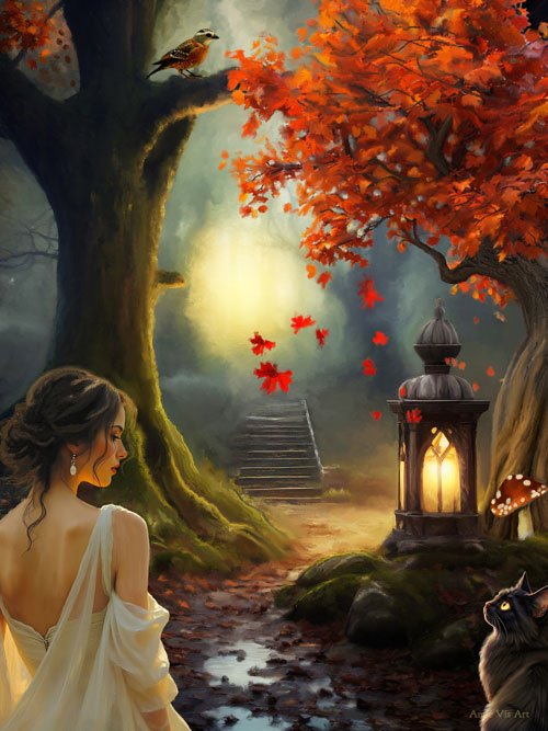 Magical fall forest with elegant lady and cute cat