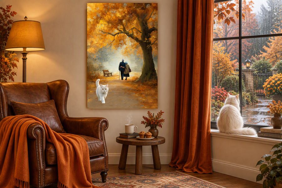 Aging - autumn scene with elderly couple and white cat